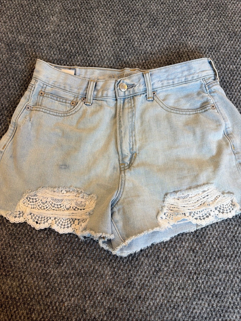 American Eagle Outfitters Light Blue Denim Lace-Hem Shorts